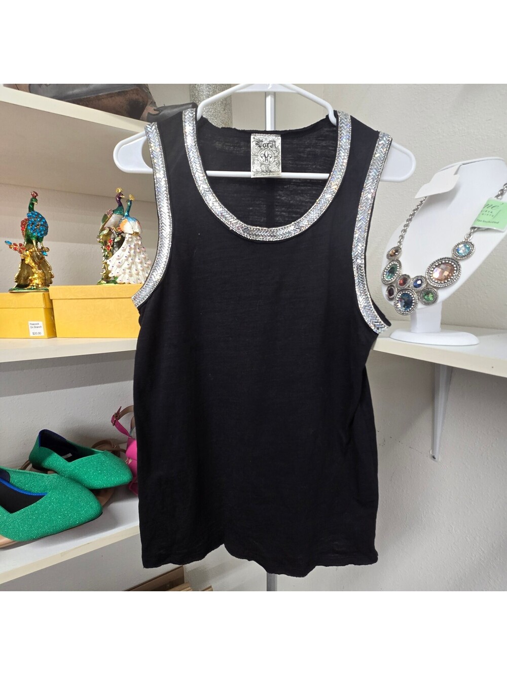 Vocal size Small black sleeveless top with sparkling silver rhinestone trim